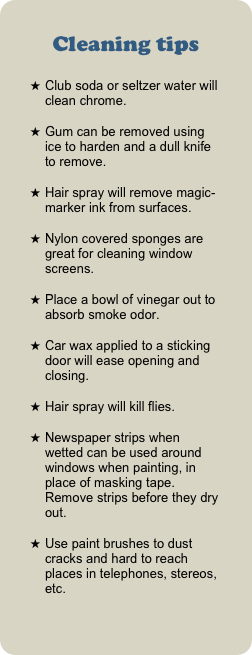 Cleaning tips&#10;Club soda or seltzer water will clean chrome.&#10;Gum can be removed using ice to harden and a dull knife to remove.&#10;Hair spray will remove magic-marker ink from surfaces.&#10;Nylon covered sponges are great for cleaning window screens.&#10;Place a bowl of vinegar out to absorb smoke odor.&#10;Car wax applied to a sticking door will ease opening and closing.&#10;Hair spray will kill flies.&#10;Newspaper strips when wetted can be used around windows when painting, in place of masking tape. Remove strips before they dry out.&#10;Use paint brushes to dust cracks and hard to reach places in telephones, stereos, etc.